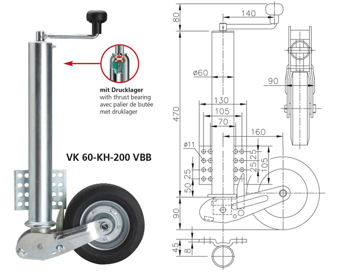 WINTERHOFF VK60-KH-200VBB automātiskais atbalsta ritenis ar rokturi 250kg 60mm 560-1030mm