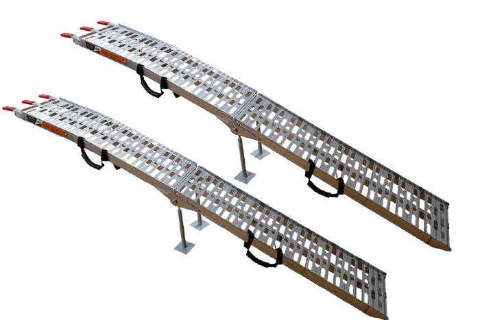 UNITRAILER ALR003 salokāmas rampas alumīnija rampas piekabēm 221 cm 680 kg ar jostu un atbalstu, 2 gabalu komplekts