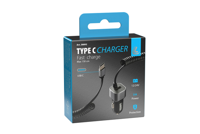 Automašīnas lādētājs LAMP USB Type-C, cigarešu šķiltavas ligzda 12/24V