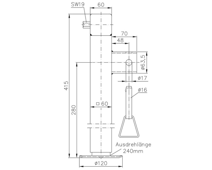 WINTERHOFF SF60-19-280 pagarināms kloķvārpstas balsts 1300 kg platformas piekabei 415-655 mm